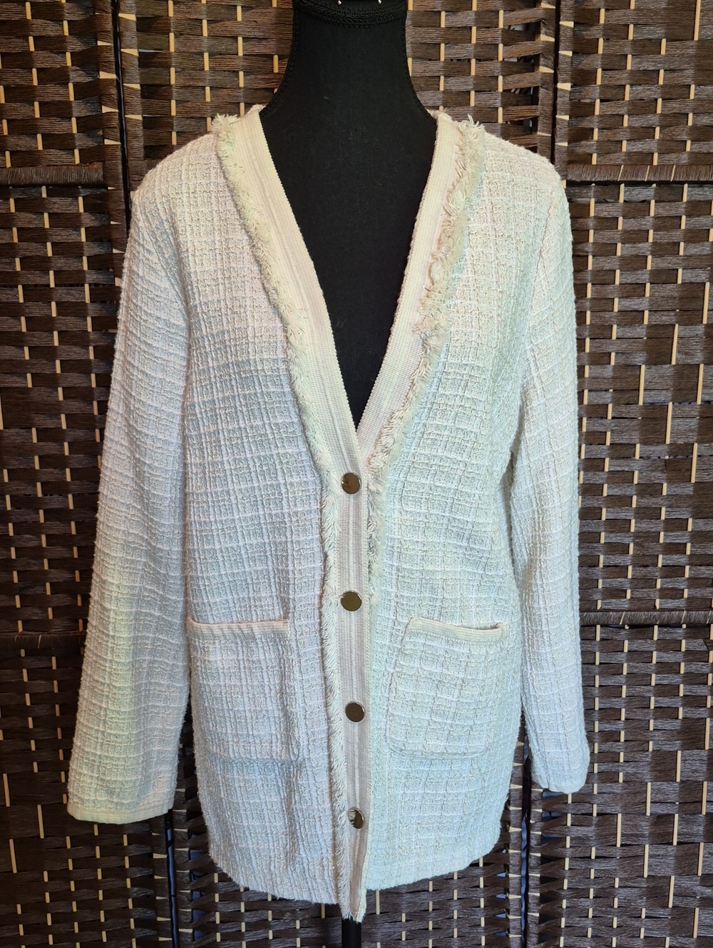 Cream Bouclé Button-Front Women's Sweater Cardigan